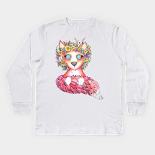 Fox with a Flowecrown Kids Long Sleeve T-Shirt